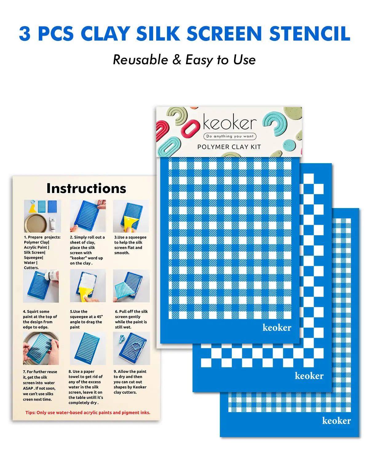 KEOKER Buffalo Plaid Silk Screen for Polymer Clay(3PCS)