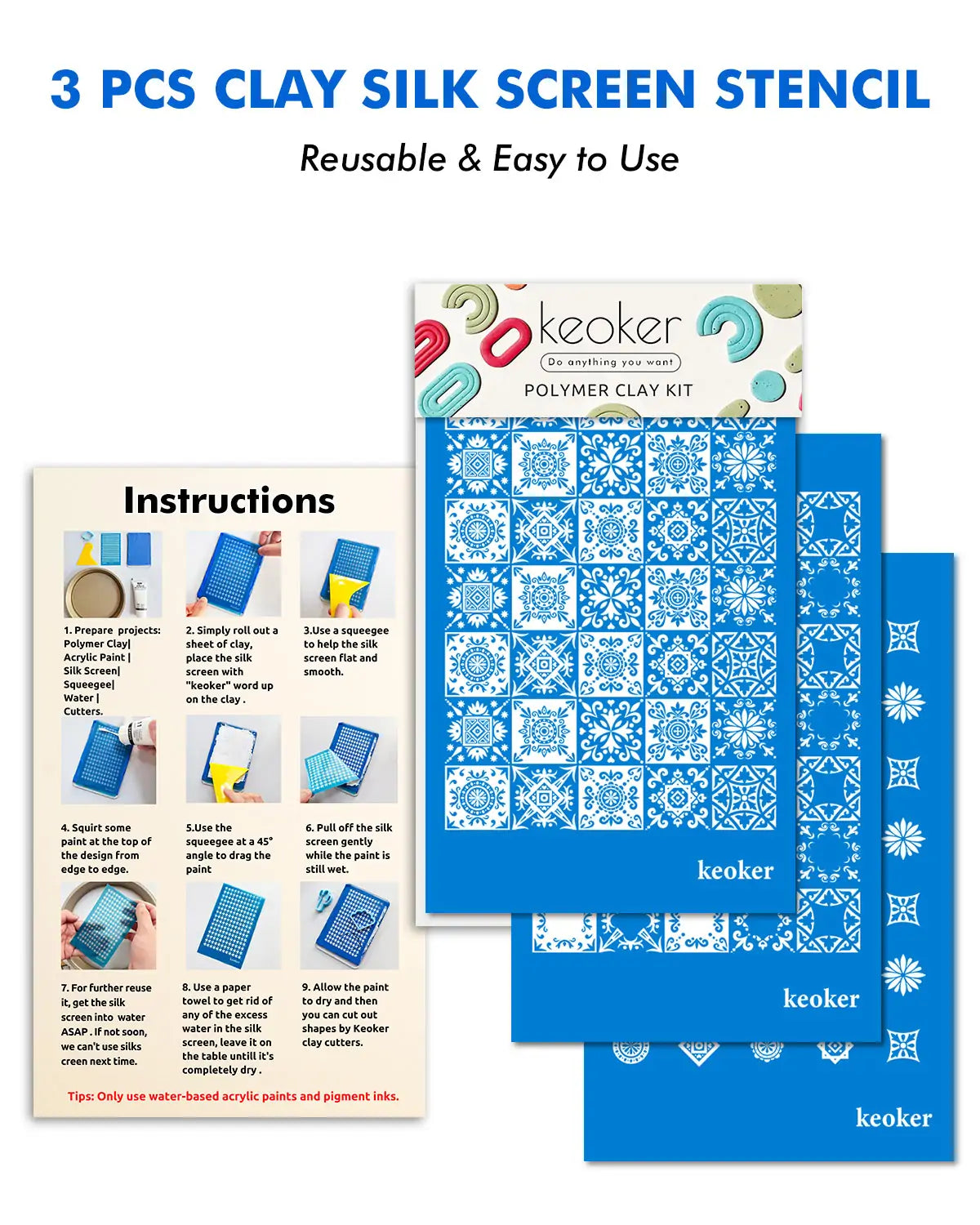 KEOKER Tile Silk Screen for Polymer Clay(3PCS)